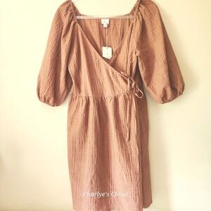 A New Day Brown Crinkle Gauze Wrap Dress Puff Sleeve M|Casual Career Easy